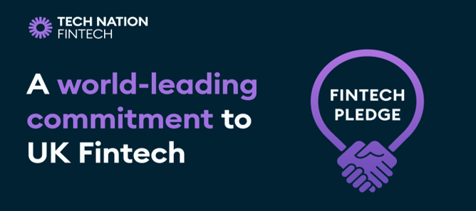 A world-leading commitment to UK fintech in purple & white with a fintech pledge logo in purple on a black background