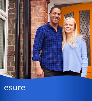 A man & woman stood in front of their home with an esure logo across the bottom of the image